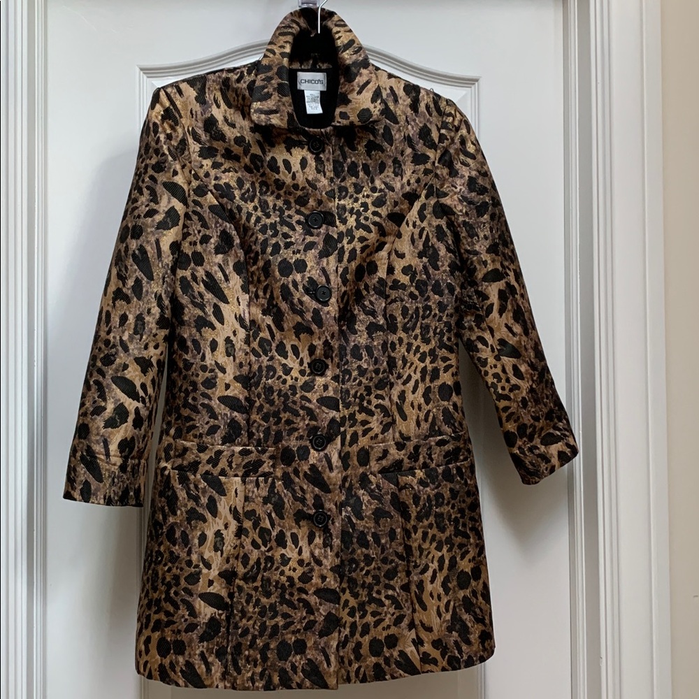 Chico's Leopard 🐆Animal Print Jacket Gold Metallic Jacquard Nonie Chocolate NWOT